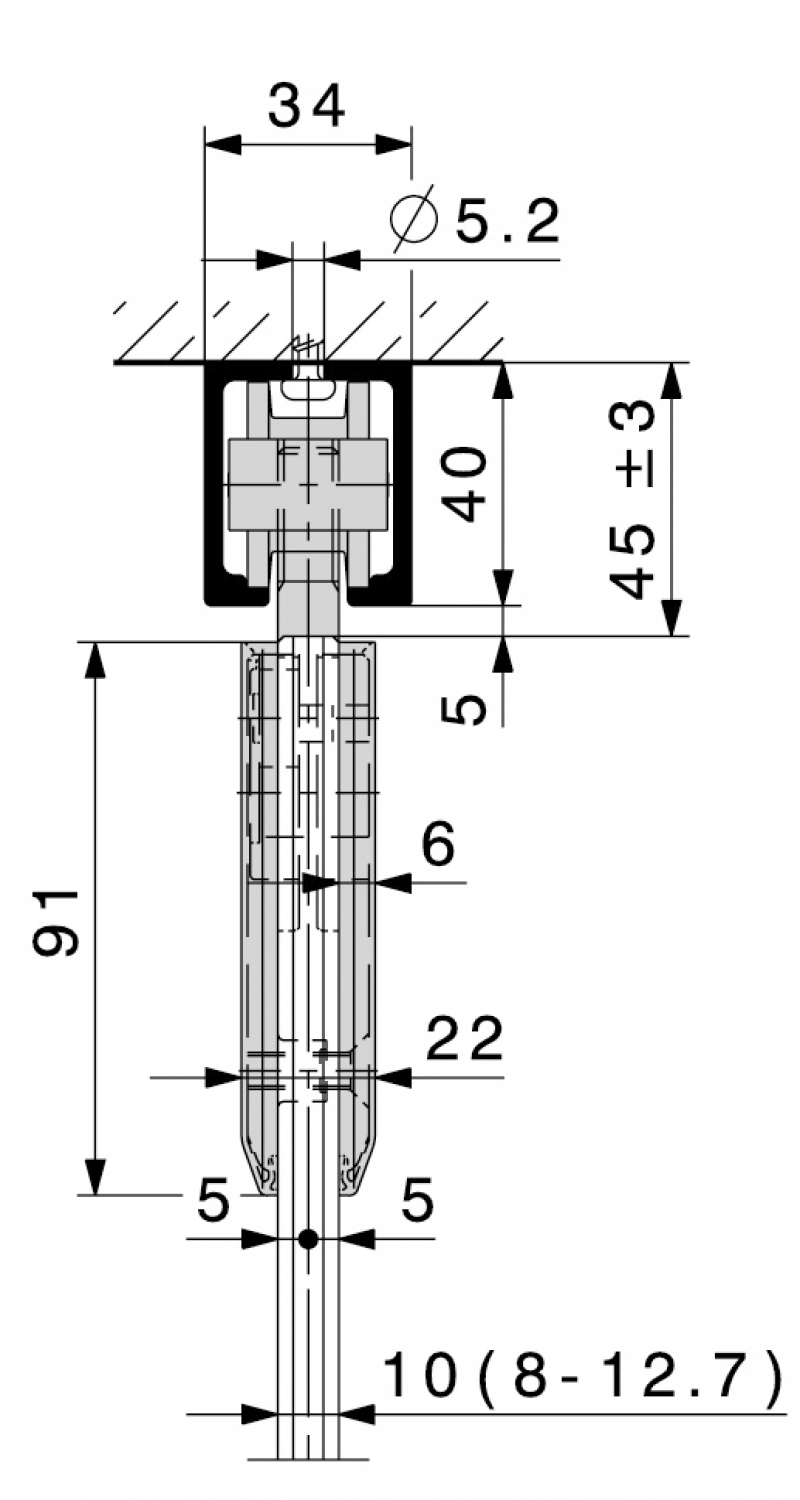 Ferrures avec dispositif de fixation par points pour portes coulissantes en verre plein ( ESG/VSG ) de 40 et 120 kg HAWA-Junior 80 -120 GP est une extrapolation attractive de la famille HAWA-Junior au succès incontesté. Avec sa fixation élégante du verre et le bon guidage de la paroi, cette ferrure raffinée offre aux architectes de nouvelles dimensions pour l'aménagement d'espaces transparents. Au montage, ses avantages sont convaincants comme, par exemple, l'accrochage par l'intérieur qui assure une protection contre le cambriolage. Le blocage des vis de suspension dans la ferrure permet une hauteur de construction particulièrement réduite. De plus, l'ajustage des portes est très simple, parce que le réglage en hauteur peut facilement s'effectuer de l'intérieur