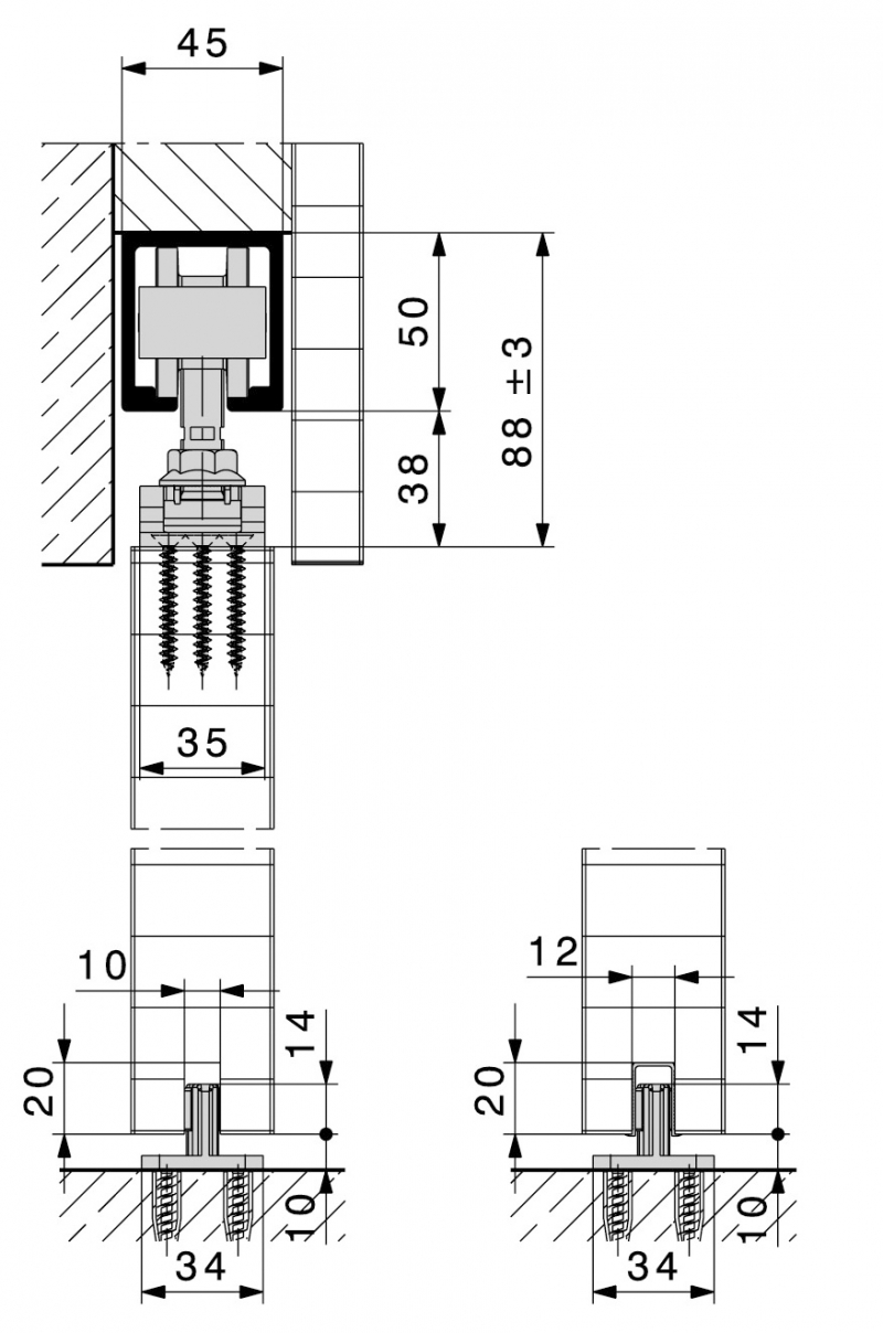 HAWA " Junior 80 B " ferrures pour portes coulissantes en bois jusqu'à 80 kg par vantail - hauteur minimale d'installation suspension à profils porteurs permettant une hauteur minimale d'installation faible bruit - réglable en hauteur ±3 mm - butée de rail à blocage réglable fixation latérale des chariots pour les portes coulissant dans le plafond.