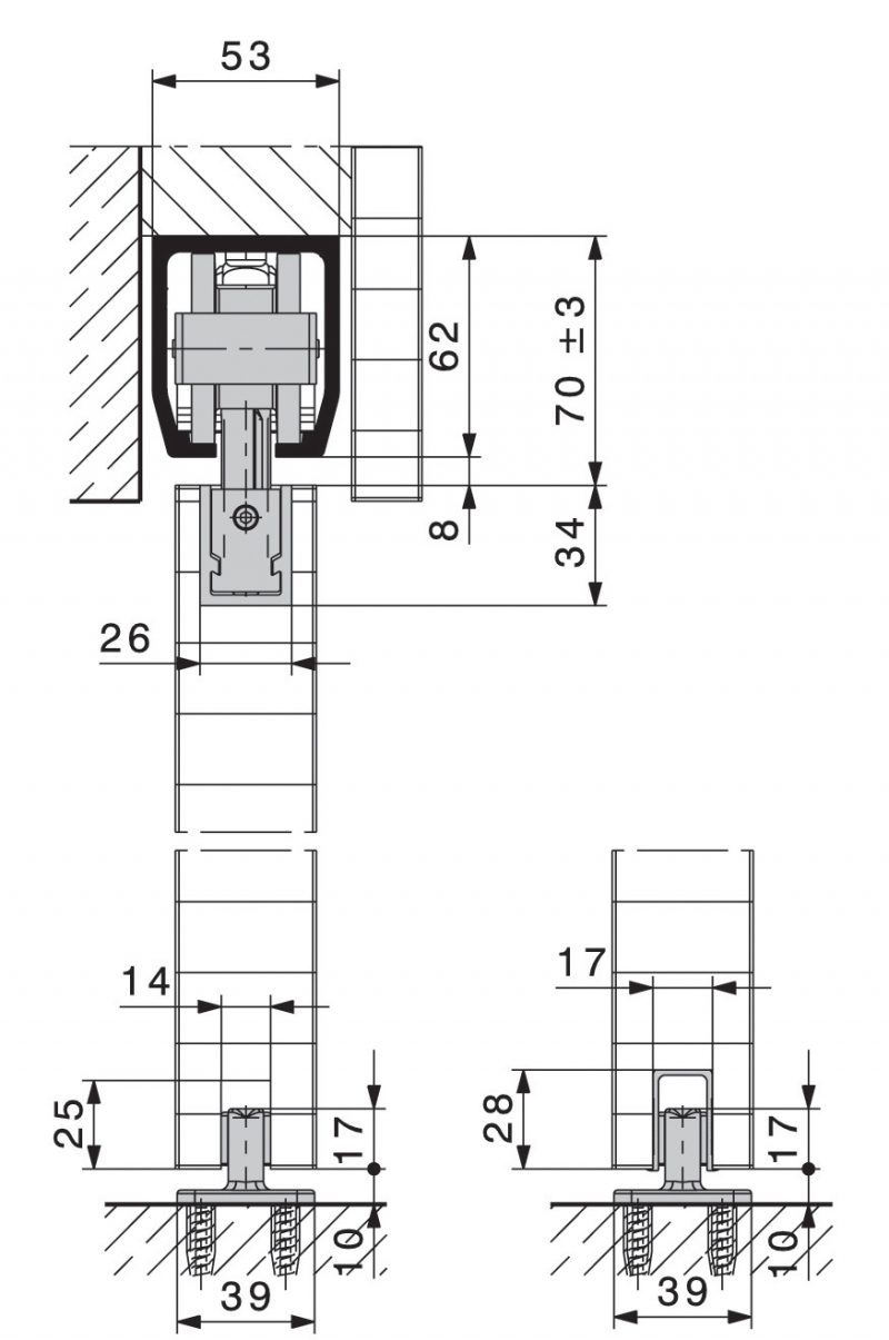 HAWA " Junior 160/B " ferrures pour portes coulissantes en bois jusqu'à 160 kg par vantail - hauteur minimale d'installation suspension à profils porteurs permettant une hauteur minimale d'installation faible bruit - réglable en hauteur ±3 mm - butée de rail à blocage réglable