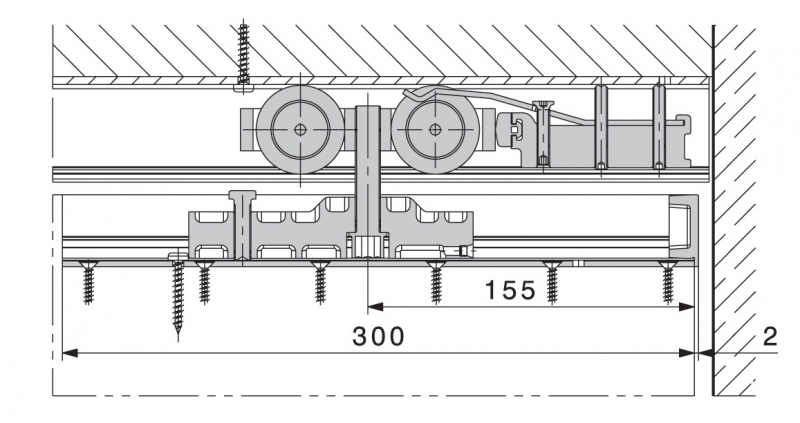 HAWA " Junior 120 B " ferrures pour portes coulissantes en bois jusqu'à 120 kg par vantail - hauteur minimale d'installation suspension à profils porteurs permettant une hauteur minimale d'installation faible bruit - réglable en hauteur ±3 mm - butée de rail à blocage réglable fixation latérale des chariots pour les portes coulissant dans le plafond.