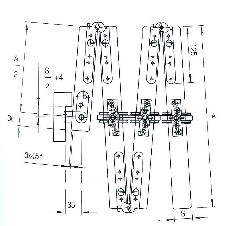 Garnitures pour portes pliantes 25 - 60 kg ce systeme permet aussi le pliage central avec chariot 25 kg ( le chariot 40 kg ne permet pas l'ouverture totale )
