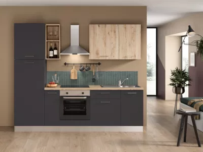 Cuisine complète pré-montée All in anthracite et bois L.255 cm avec électroménager