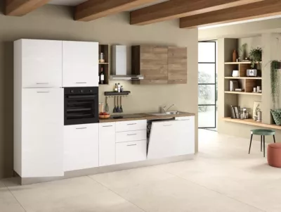 Cuisine complète montée All in Daphne blanc et imitation chêne L. 315 cm avec électroménager