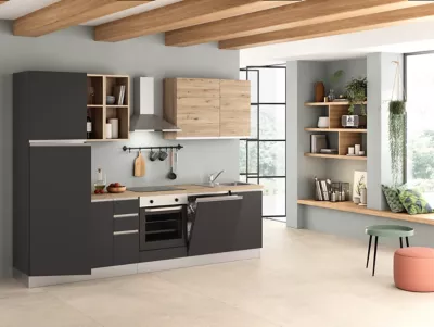 Cuisine complète pré-montée All In Urban décor bois et anthracite l.285 cm avec électroménager
