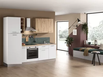 Cuisine complète pré-montée avec électroménager All In Urban effet chêne et blanc mat l.255 cm