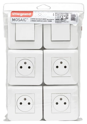 Lot 4 prises avec terre + 2 interrupteurs va-et-vient "Surface Mosaic" blanc