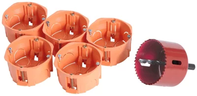 Lot de 5 boîtes cloison sèche, Ø 67 mm Prof. 40 mm et une scie cloche de même dimension