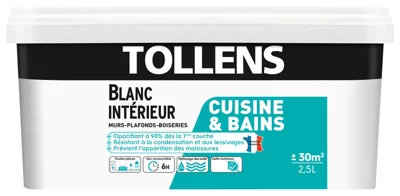 Peinture monocouche murs, plafonds et boiseries cuisine et salle de bains satin blanc 2.5 L