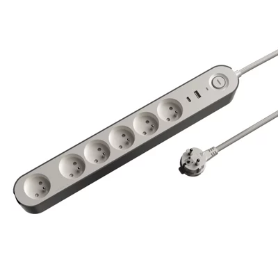 Bloc 6 prises 1,5 m gris et blanc USB A + C