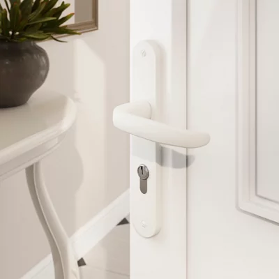 Poignée de porte extérieure "Goderic" avec trou pour cylindre - Blanc - Entraxe 195 mm