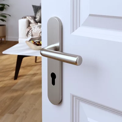 Poignée de porte "Derenic" avec trou pour cylindre - Effet nickel - Entraxe adaptable 165-195 mm