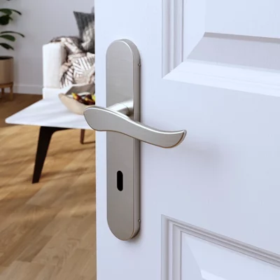 Poignée de porte "Arcles" avec trou pour clé - Effet nickel - Entraxe adaptable 165-195 mm