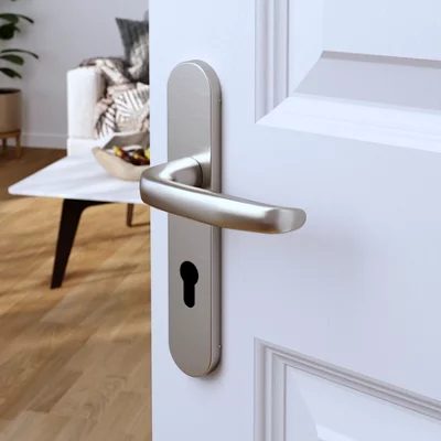 Poignée de porte "Goderic" avec trou pour cylindre - Effet nickel - Entraxe adaptable 165-195 mm