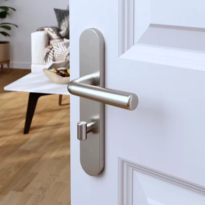 Poignée de porte "Derenic" avec serrure à condamnation - Effet nickel - Entraxe adaptable 165-195 mm