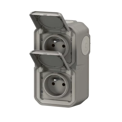 Double prise de courant verticale avec volet "Plexo" complet saillie - Gris