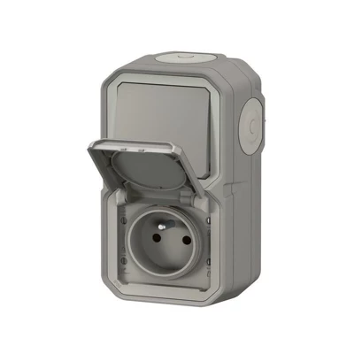 Prise de courant avec va-et-vient vertical "Plexo" complet saillie - Gris