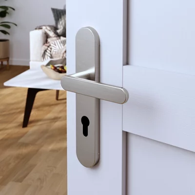 Poignée de porte "Marick" avec trou pour cylindre - Effet nickel - Entraxe adaptable 165-195 mm