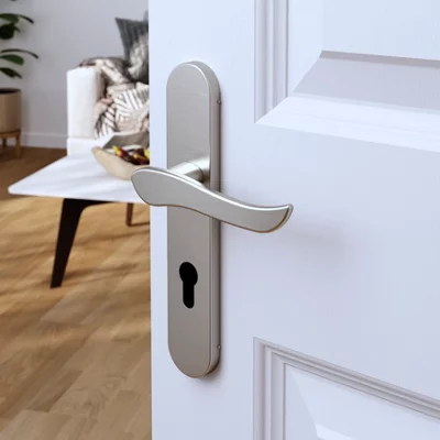 Poignée de porte "Arcles" avec trou pour cylindre - Effet nickel - Entraxe adaptable 165-195 mm