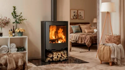 Poêle à bois 6,7KW noir mat, double combustion, TAHOE avec rangement intégré