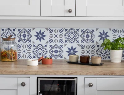 6 dalles murales PVC adhésives blanc, bleu, gris effet carreaux de ciment "NADIA" 15X15 cm