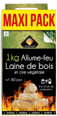 Boîte de 1 kg d'allume-feu Laine de bois et cire végétale
