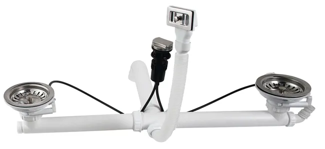 Bonde automatique à câble avec trop plein pour évier 2 cuves Diam.90 mm - VALENTIN