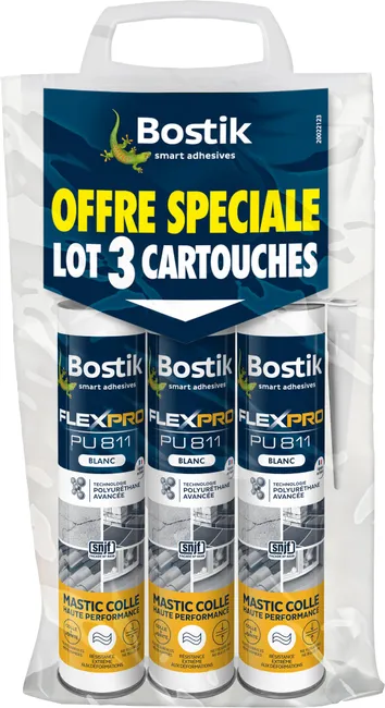 Image principale de Lot de 3 mastics colle et joint haute performance blanc 300 ml Flexpro Pu 811 - BOSTIK