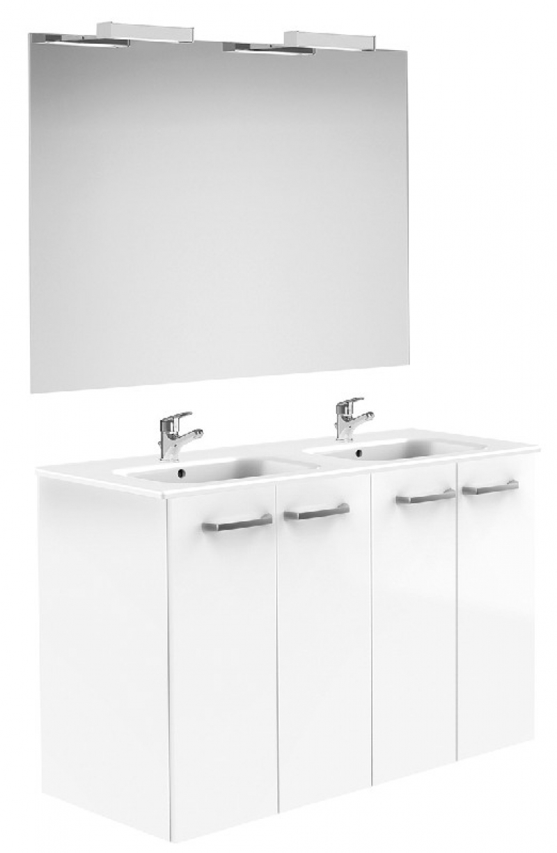 MEUBLES ADELE portes ou tiroirs à fermeture amortie (selon modèles), plan porcelaine, miroir, applique LED IP44 1 x 6 W (sauf modèles 120 cm), pieds en option