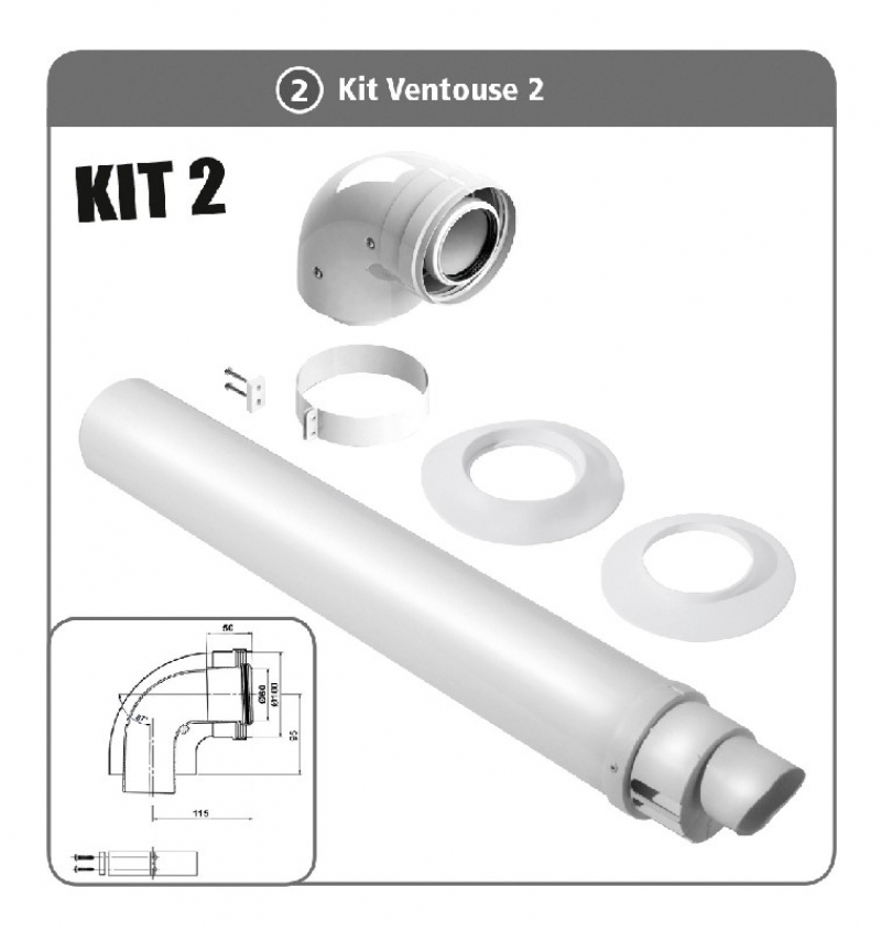 Kit ventouse horizontale C1 PEGASUS PP paroi extérieure acier laqué et paroi intérieure polypropylène pour installation avec chaudière à condensation constitution : 1 terminal horizontal, 1 coude 90°, 1 rosace intérieure PE, 1 rosace extérieure EPDM