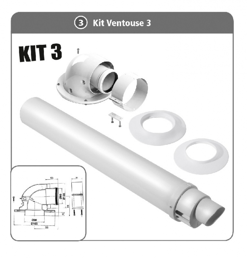 Kit ventouse horizontale C1 PEGASUS PP paroi extérieure acier laqué et paroi intérieure polypropylène pour installation avec chaudière à condensation constitution : 1 terminal horizontal, 1 coude 90°, 1 rosace intérieure PE, 1 rosace extérieure EPDM
