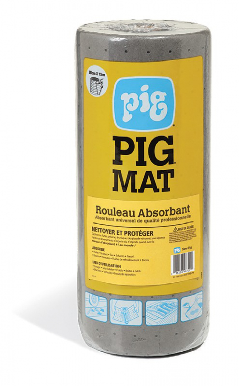 Rouleau absorbant Pig Mat universel - 38 cm x 15 m - absorbe huile, eau, liquides de refroidissement et solvants