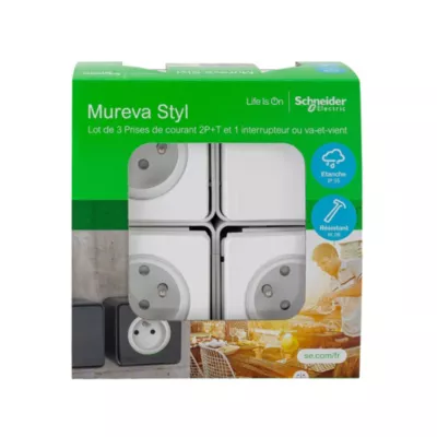 3 prises avec terre + 1 interrupteur va-et-vient Schneider Electric Mureva Styl blanc, lot