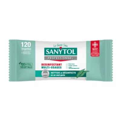 120 lingettes désinfectantes multi-usages eucalyptus Sanytol 0,2L