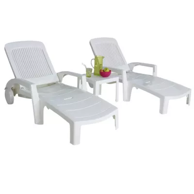 Lot 2 bains de soleil + table basse en résine blanc Fidji
