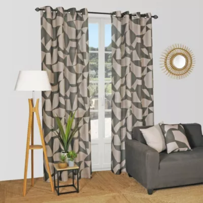 Voilage à œillets effet lin imprimés géométriques vert L.240 x l.140cm Dylrev