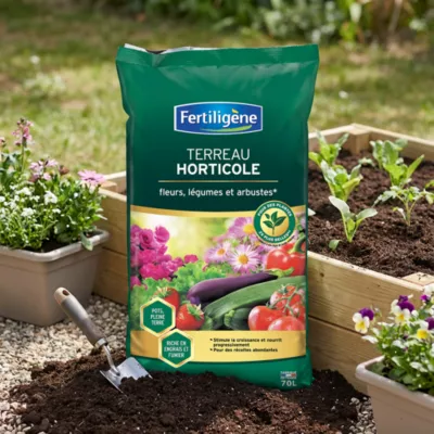 Terreau horticole avec engrais 70L Fertiligène pour fleurs, légumes et arbustes