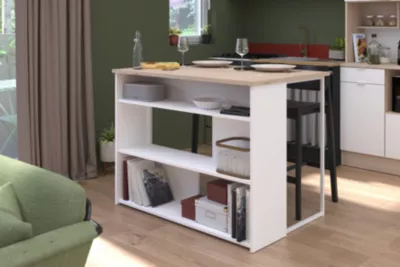 Îlot central Hub blanc et imitation chêne avec 3 étagères L. 116 x l. 90 cm