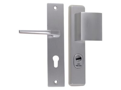 Ensemble poignées porte blindées Manhattan Bricard entraxe 195 mm argent rectangulaire