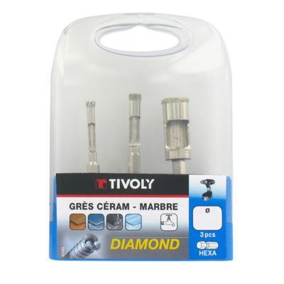 3 forets diamants grès cérame Tivoly ø5 ø6 ø8 mm