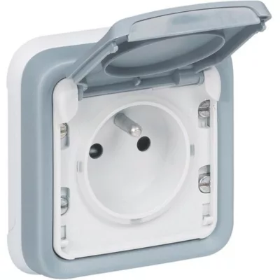 Prise de courant avec terre + volet Legrand Plexo gris