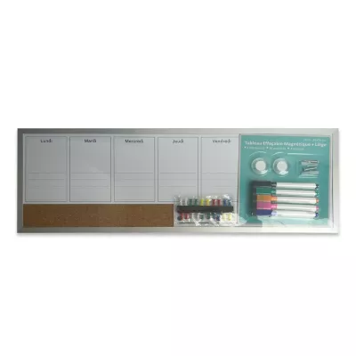 Tableau semainier effaçable magnétique et liège l.56 x H.19 cm + 5 marqueurs + 20 punaises + 2 aimants