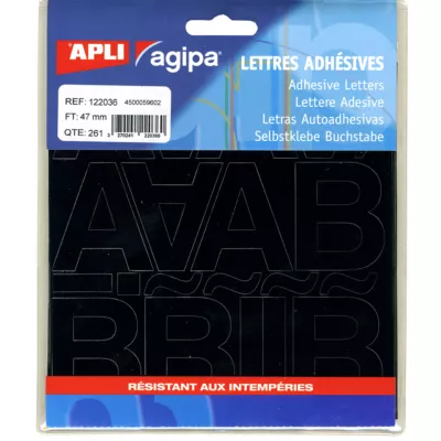 Pochette de 261 lettres - en PVC - couleur noir - autocollant - hauteur 4,7 cm - Apli Agipa 122036
