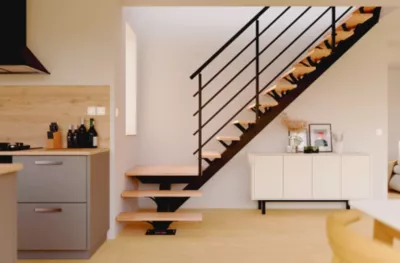 Escalier monopoutre palier Maya rampe aluminium marche hêtre l. 2.75 m