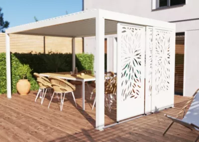 Paroi coulissante effet feuillage latérale autoportante façade 3 m blanc RAL 9010 pour pergola Salto Alumin'home