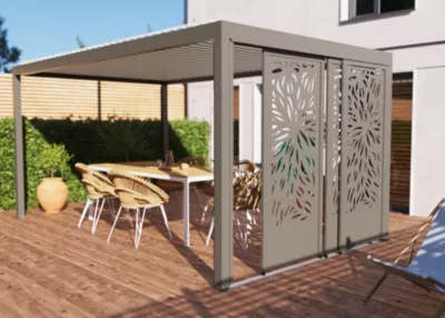 Paroi coulissante effet feuillage latérale autoportante façade 3 m gris taupe RAL 7039 pour pergola Salto Alumin'home