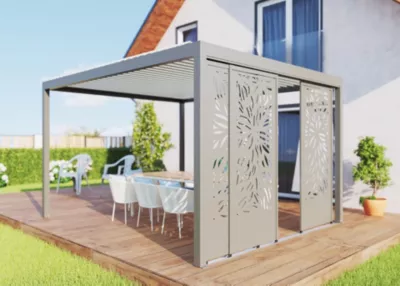 Paroi coulissante effet feuillage latérale 3,5 m gris taupe RAL 7039 pour pergola autoportante Salto Alumin'home
