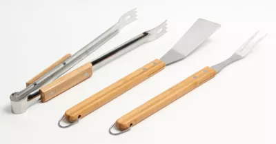 Ustensile pour barbecue Somagic en acier inoxydable et bambou vendu par 3 pièces