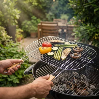 Grille rectangulaire pour barbecue en acier chromé avec poignée en bambou Somagic 52,5 x 39 cm