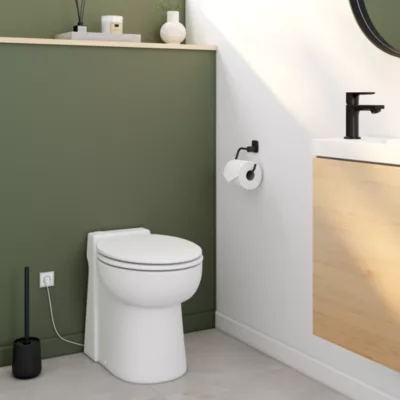 WC broyeur Turboflush compact l.24,5 x H.47 x P.54,5 cm, blanc en céramique anticalcaire, 500W, double chasse et abattant antibactérien