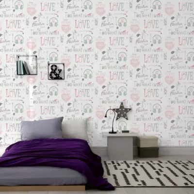 Papier peint intissé Les aventures " I Want " rose, vert, bleu pastel L.1005 x l.53cm Lutèce